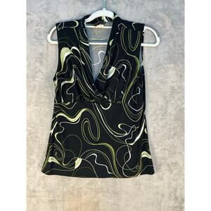 Y2K JKLA Blouse Large Black Abstract Sleeveless Drape Neck Office Siren